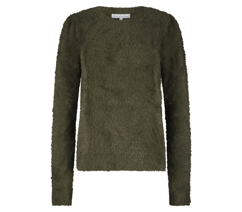 Red Button Fuzzy Puff Sleeve Olive