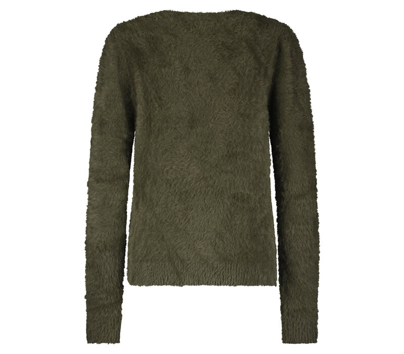 Red Button Fuzzy Puff Sleeve Olive
