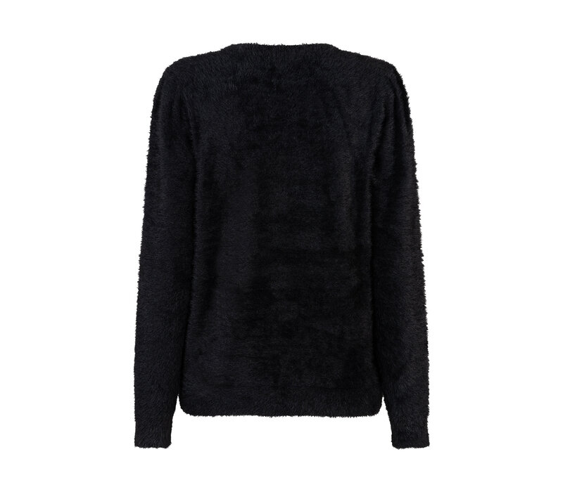 Red Button Fuzzy Puff Sleeve Black