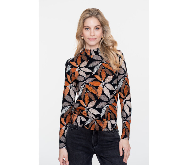 Geisha Top with Smock Jersey Black Taupe Orange