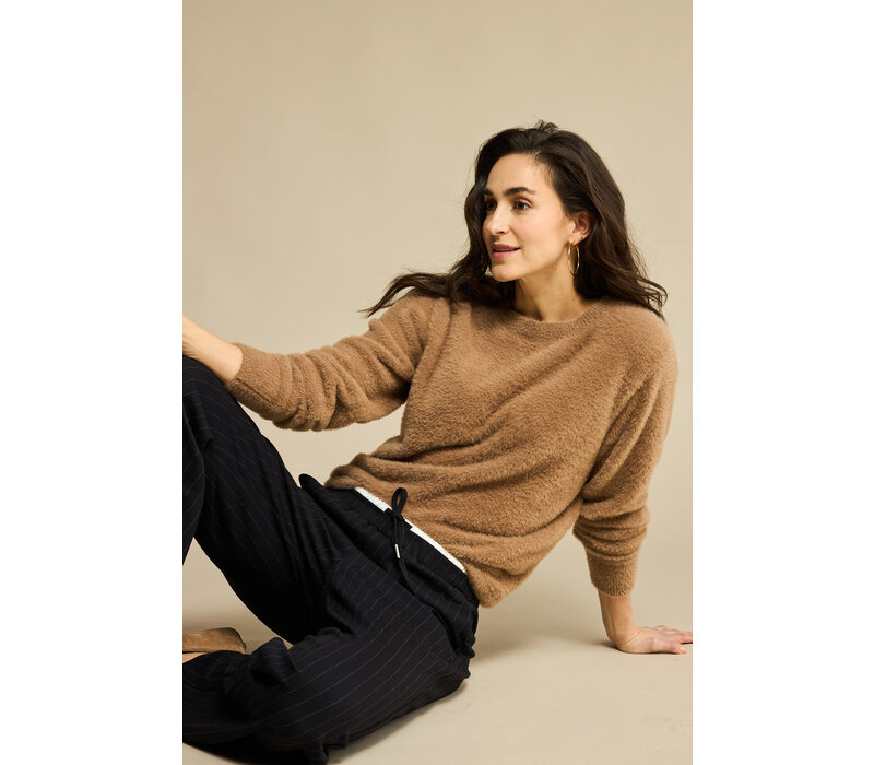 Red Button Fuzzy Puff Sleeve Almond