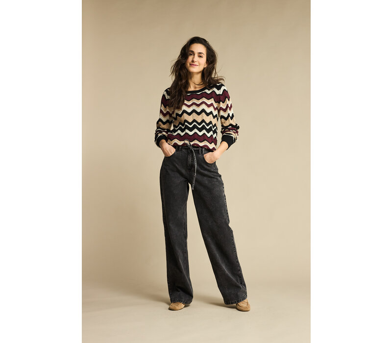 Red Button Fanny Stripe Trui Aubergine Latte