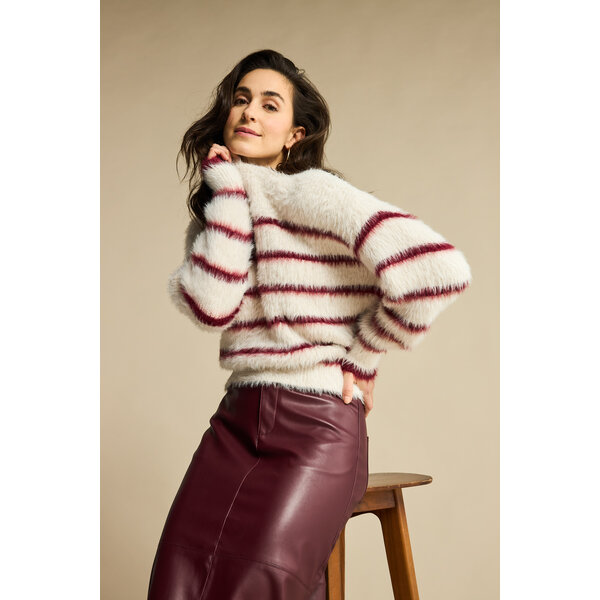 Red Button Fuzzy Sweater & Stripe 