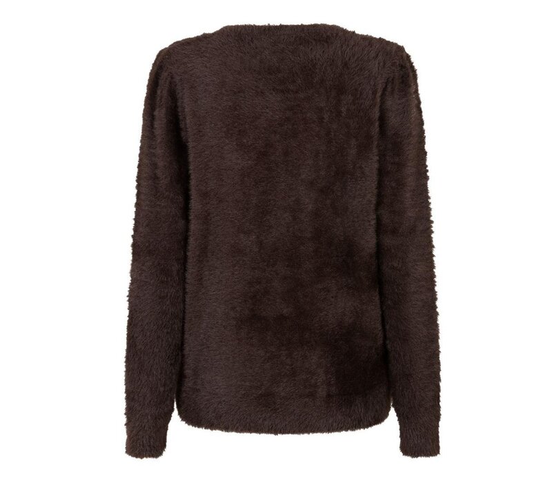 Red Button Fuzzy Puff Sleeve Espresso