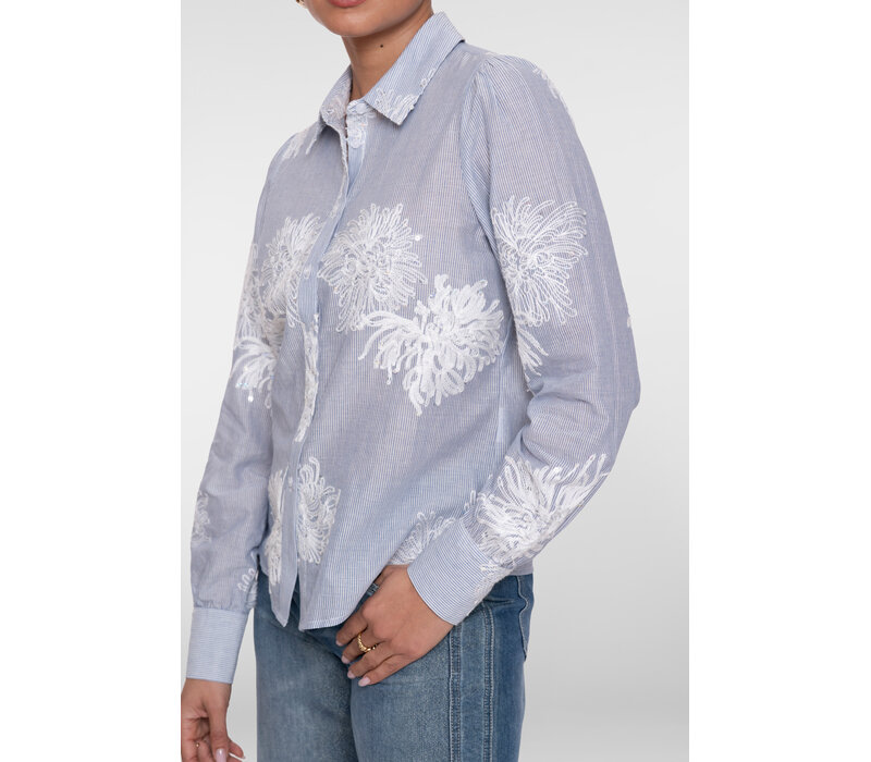 Geisha Blouse Embroidered Flowers Blue Off White