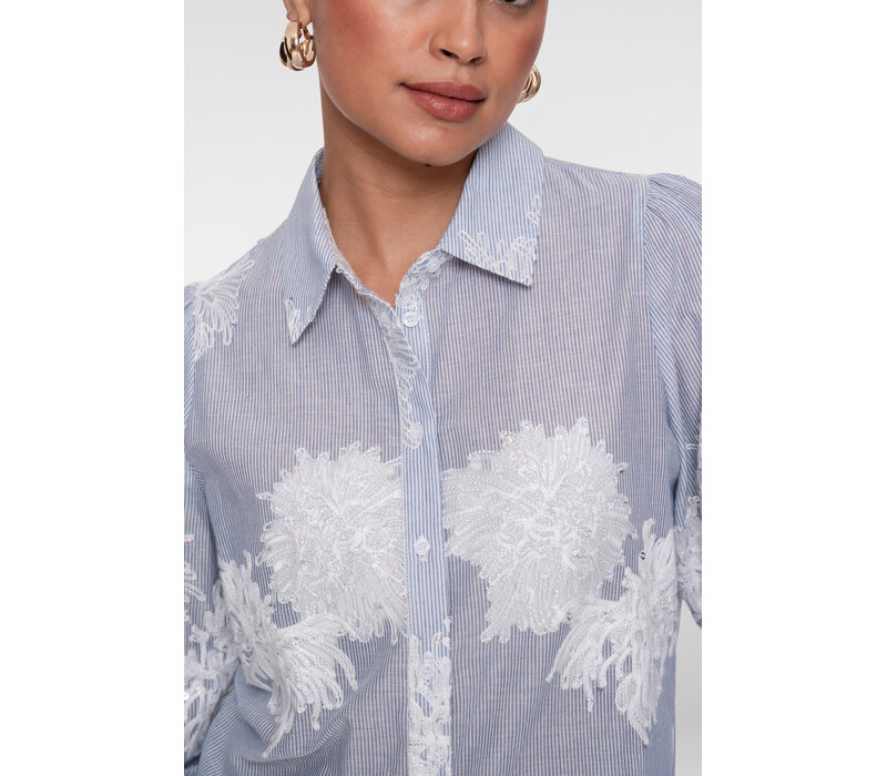 Geisha Blouse Embroidered Flowers Blue Off White