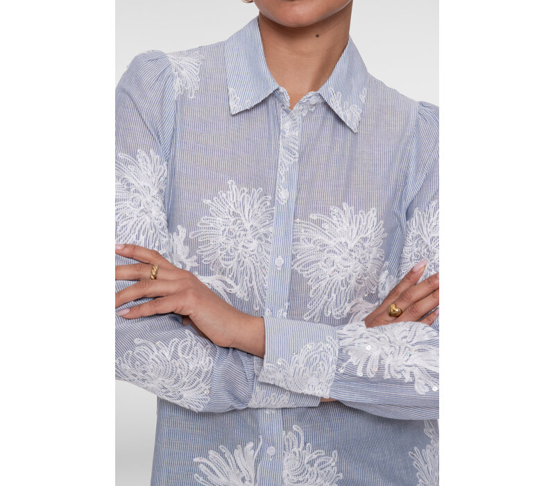 Geisha Blouse Embroidered Flowers Blue Off White