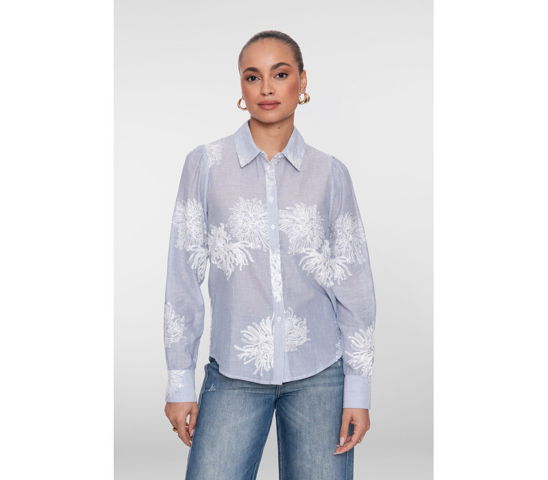 Geisha Blouse Embroidered Flowers Blue Off White