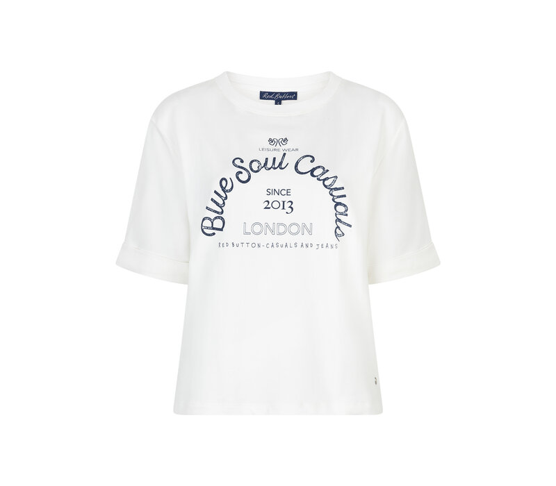 Red Button Terry Sweater Chestprint Off White Darkblue