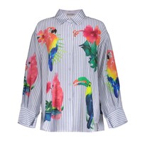 Geisha Blouse Stripes & Birds Light Blue Off White Pink Gree