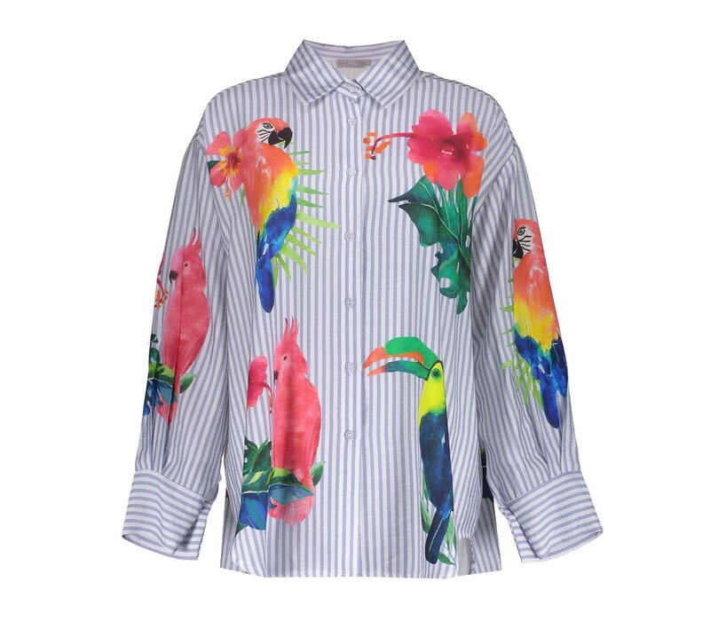 Geisha Blouse Stripes & Birds Light Blue Off White Pink Gree