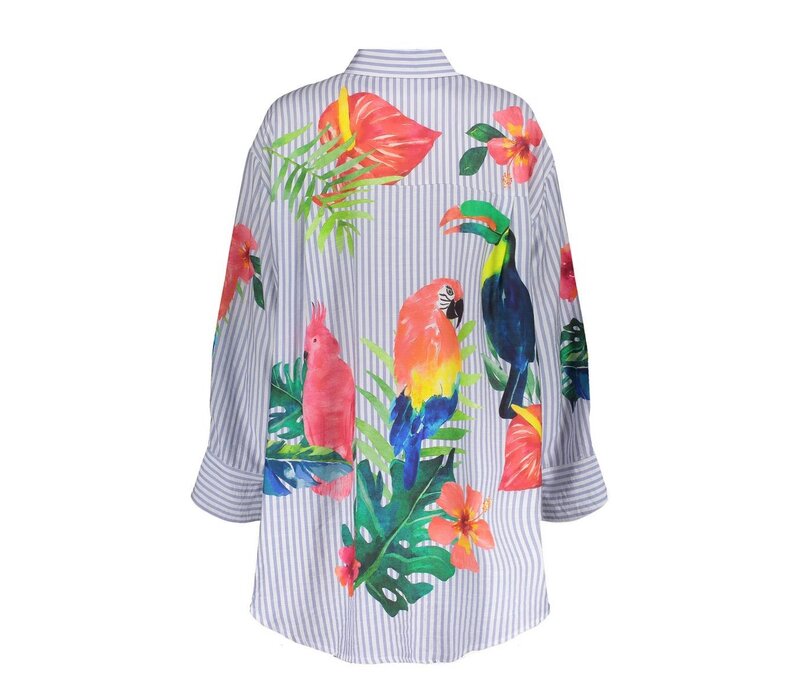Geisha Blouse Stripes & Birds Light Blue Off White Pink Gree
