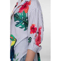 Geisha Blouse Stripes & Birds Light Blue Off White Pink Gree