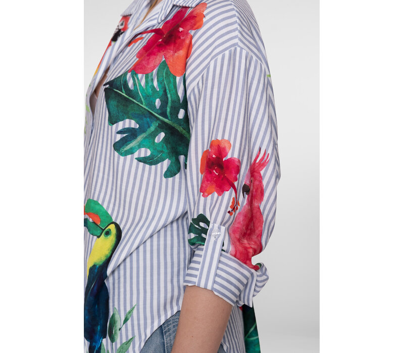 Geisha Blouse Stripes & Birds Light Blue Off White Pink Gree