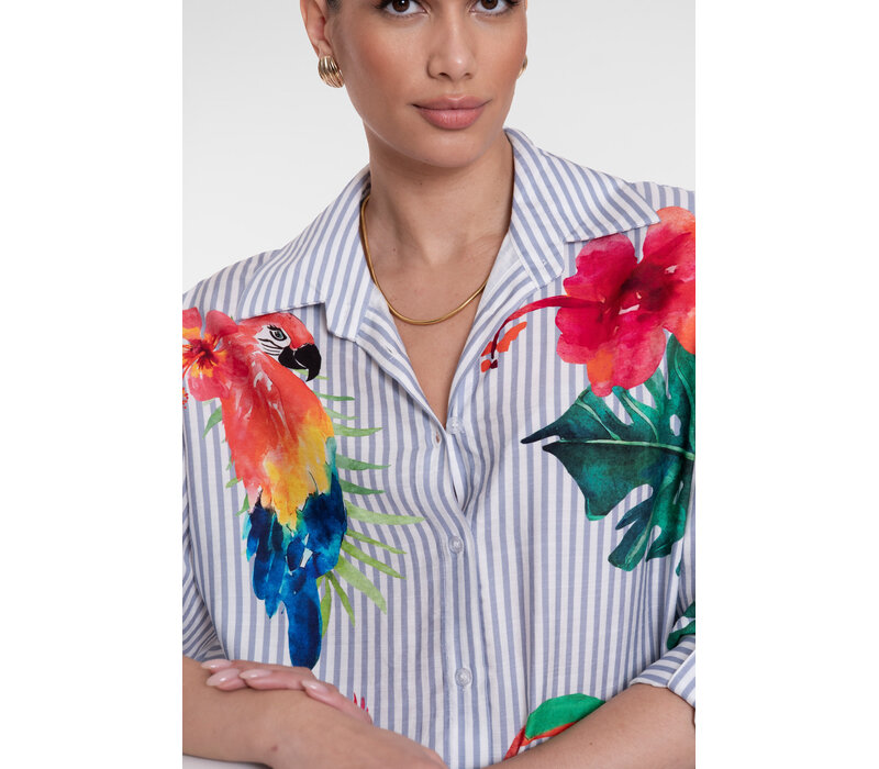 Geisha Blouse Stripes & Birds Light Blue Off White Pink Gree