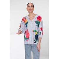 Geisha Blouse Stripes & Birds Light Blue Off White Pink Gree