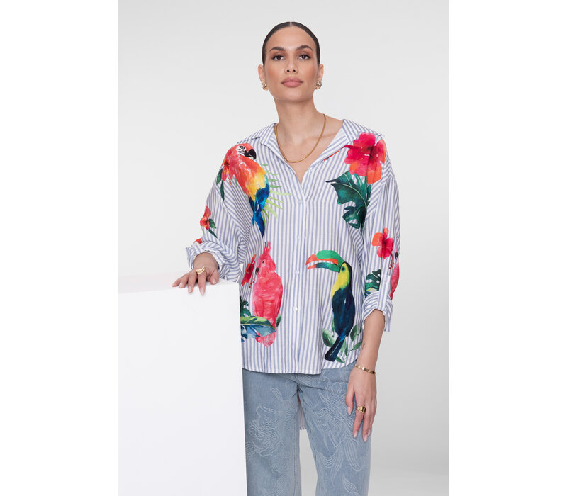 Geisha Blouse Stripes & Birds Light Blue Off White Pink Gree