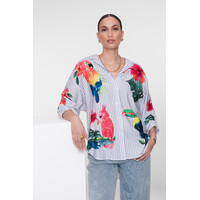 Geisha Blouse Stripes & Birds Light Blue Off White Pink Gree