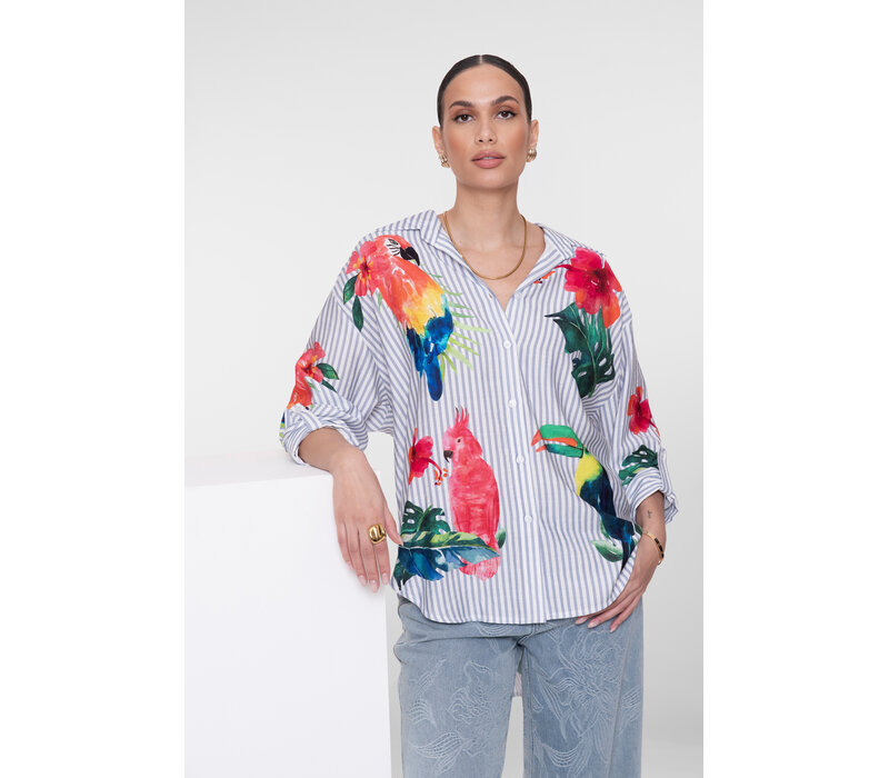 Geisha Blouse Stripes & Birds Light Blue Off White Pink Gree