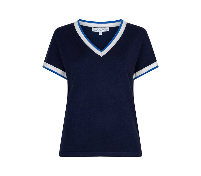 Red Button Jerry V-neck Striped Rib Darkblue