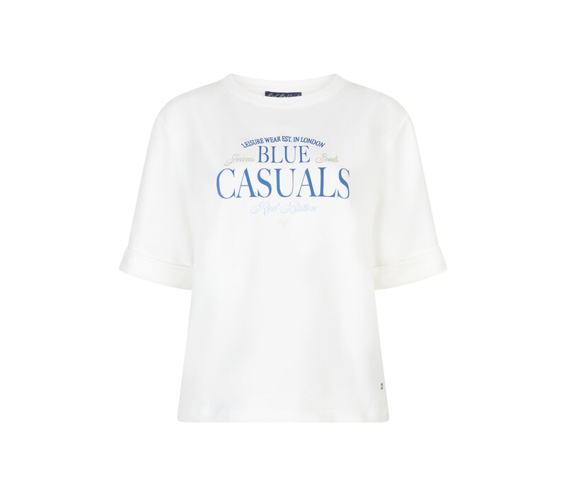 Red Button Terry Sweater Chestprint Off White Midblue