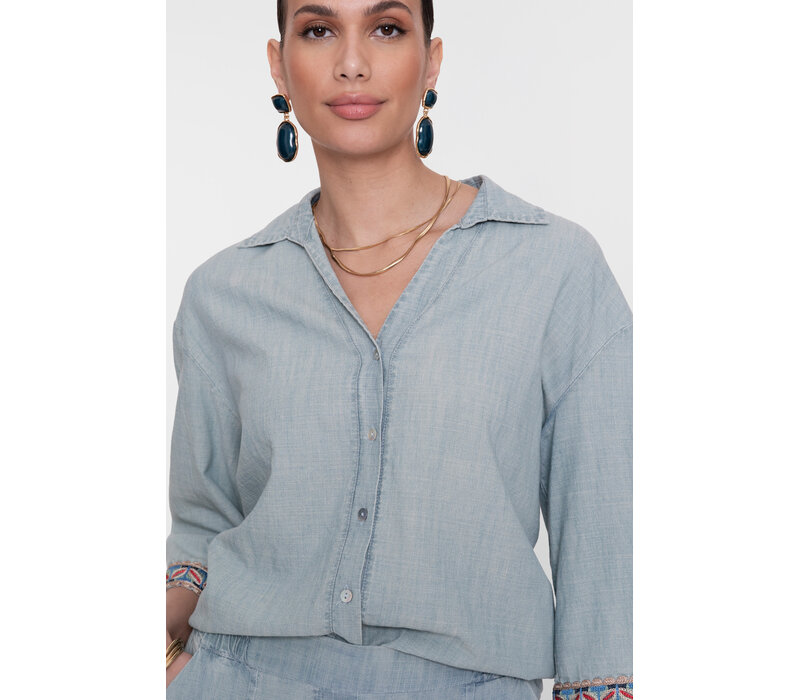Geisha Blouse Chambray with Tape Jeansblue