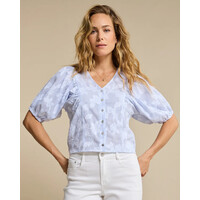 Red Button Blouse Balloonsleeve Stripe & Flower Blue