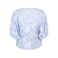 Red Button Blouse Balloonsleeve Stripe & Flower Blue