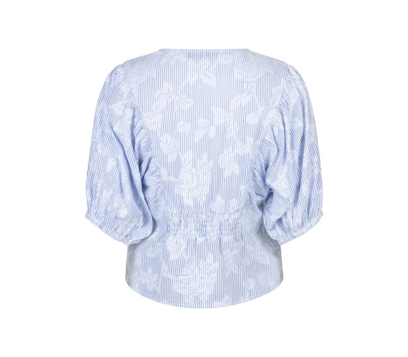 Red Button Blouse Balloonsleeve Stripe & Flower Blue