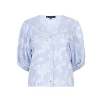 Red Button Blouse Balloonsleeve Stripe & Flower Blue