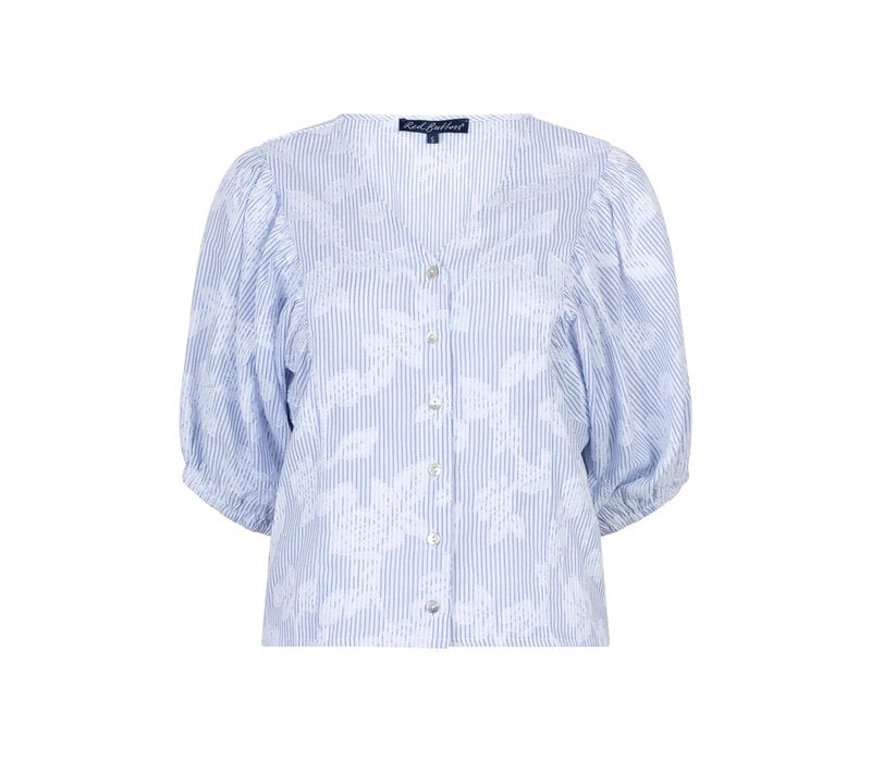 Red Button Blouse Balloonsleeve Stripe & Flower Blue