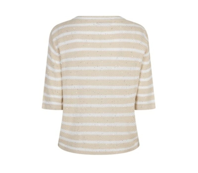 Red Button Cardigan Stripe & Sequins Oatmeal Offwhite