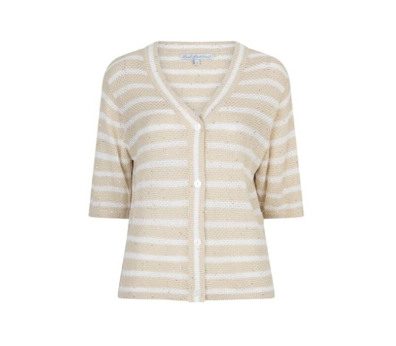Red Button Cardigan Stripe & Sequins Oatmeal Offwhite