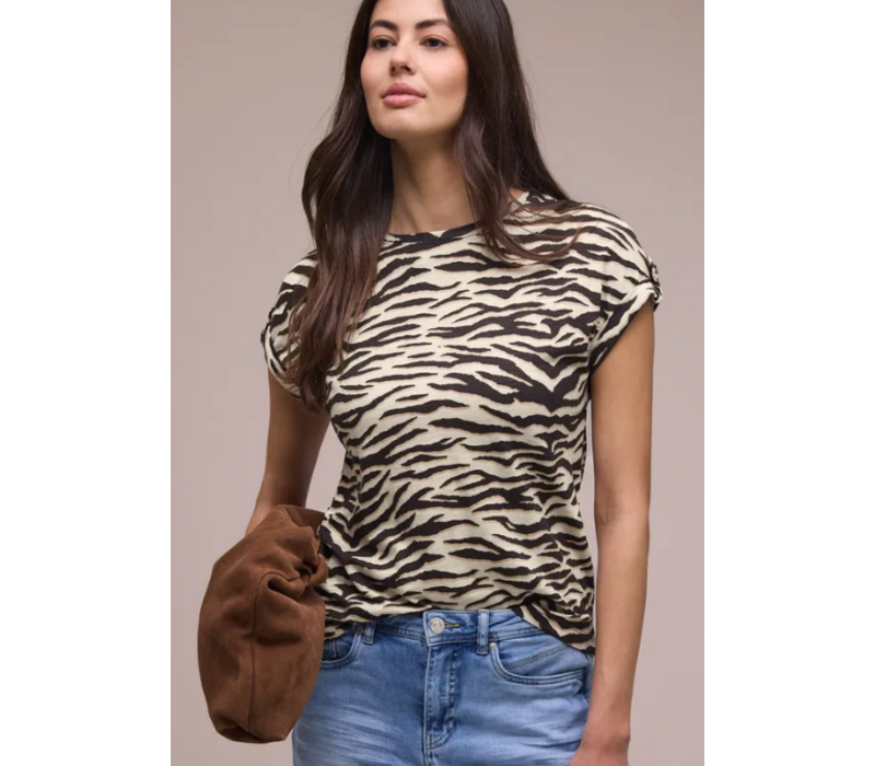 Street One Printed Basic Shirt with Deco Button Espresso Brown