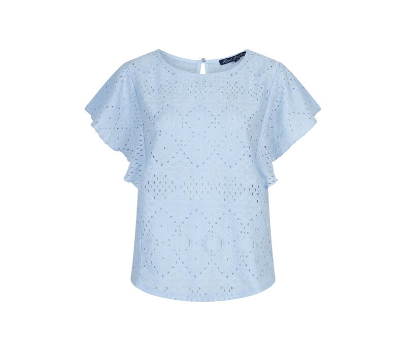 Red Button Top Ajour Ruffle Sleeve Lightblue