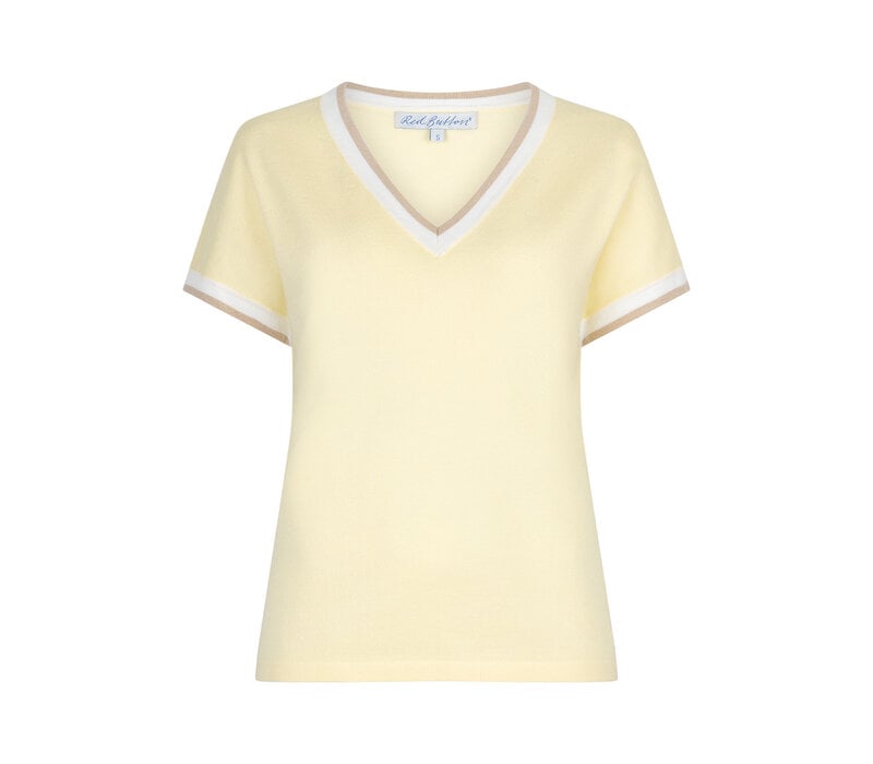 Red Button Jerry V-neck Striped Rib Butter Yellow