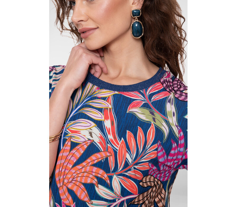 Geisha T-Shirt with Rib Jersey Blue Fuchsia