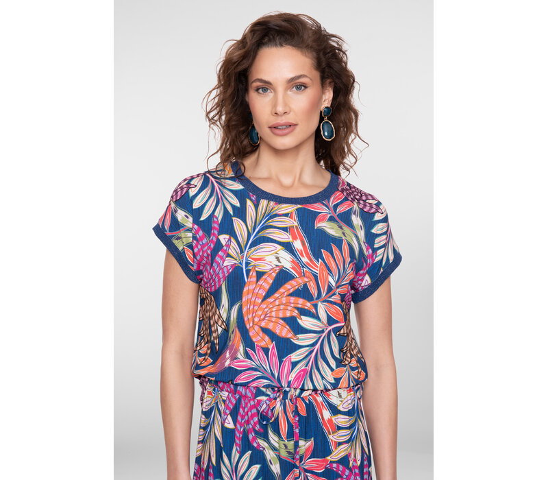 Geisha T-Shirt with Rib Jersey Blue Fuchsia