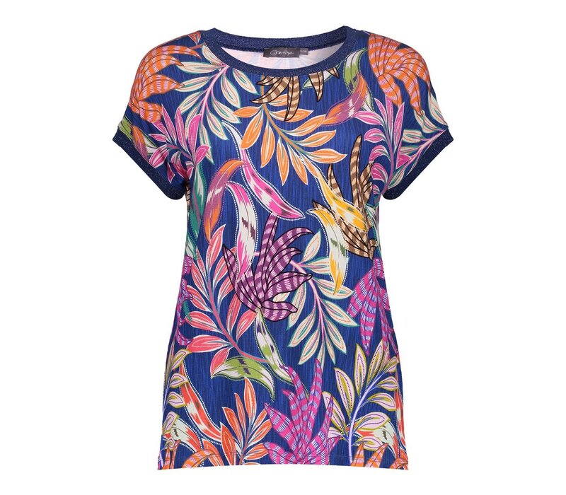 Geisha T-Shirt with Rib Jersey Blue Fuchsia