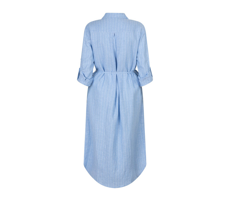 Red Button Shirtdress Linnen Viscose Pinstripe Light Blue