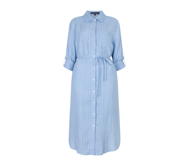 Red Button Shirtdress Linnen Viscose Pinstripe Light Blue