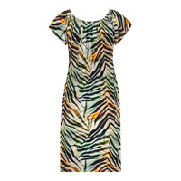 Geisha Dress Elastic Shoulder Jersey Brown Green