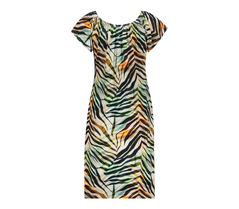 Geisha Dress Elastic Shoulder Jersey Brown Green