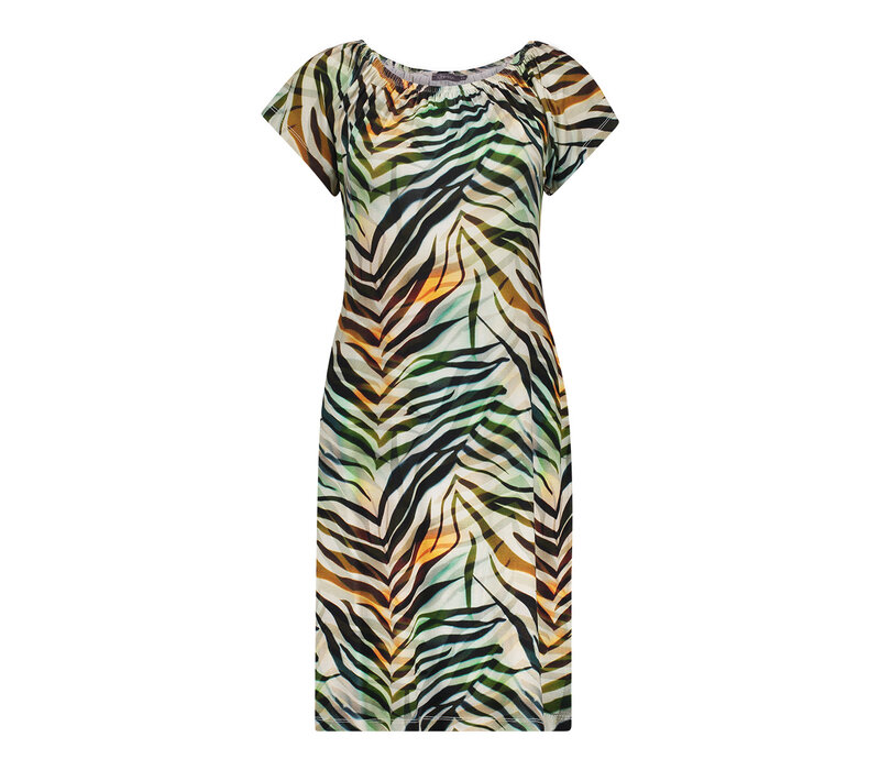 Geisha Dress Elastic Shoulder Jersey Brown Green