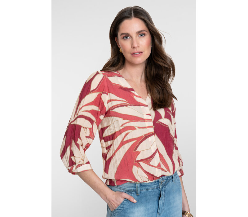 Geisha Blouse Raspberry Coral Red Off White