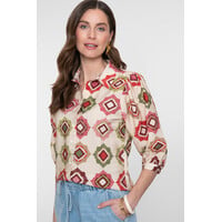 Geisha Blouse Ecru Raspberry Green