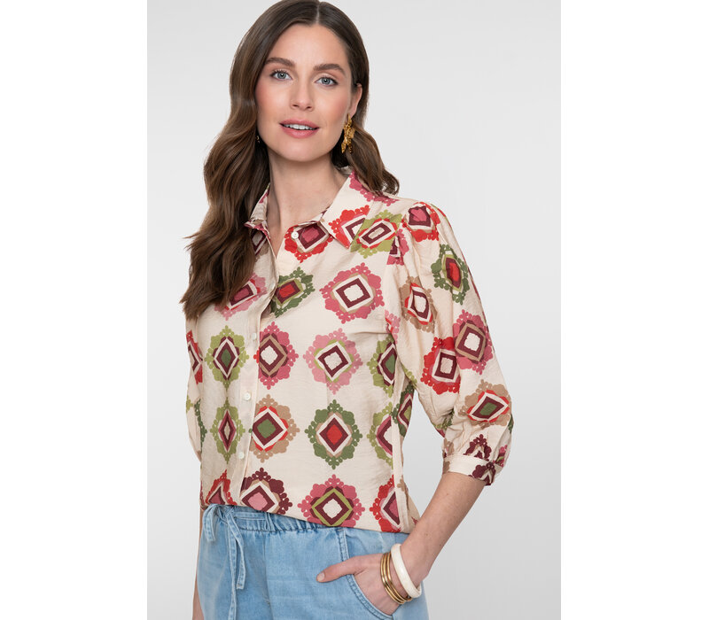 Geisha Blouse Ecru Raspberry Green