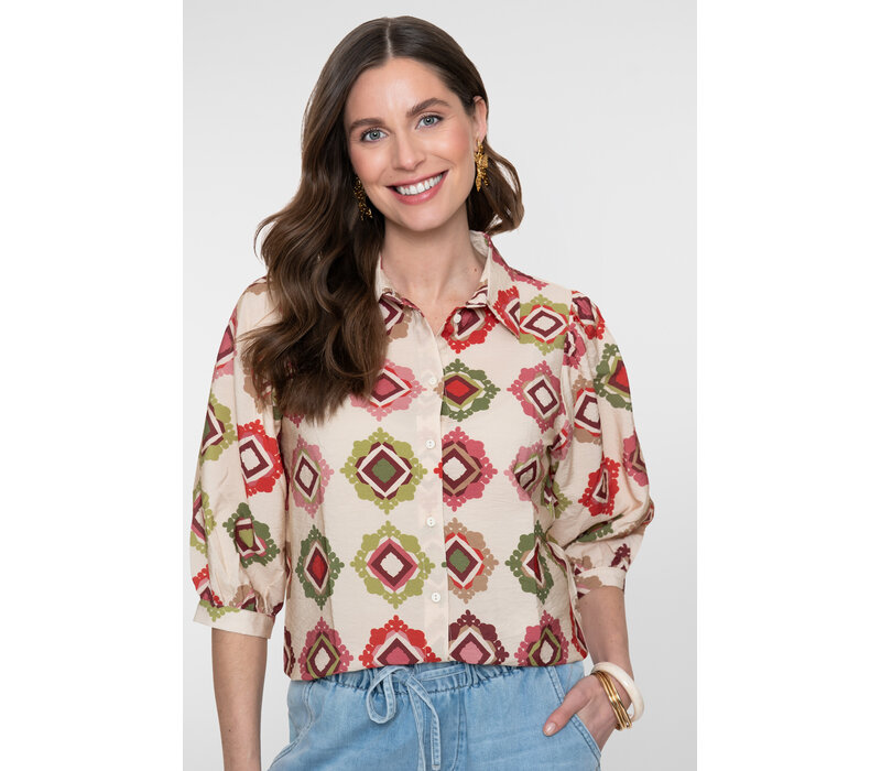 Geisha Blouse Ecru Raspberry Green