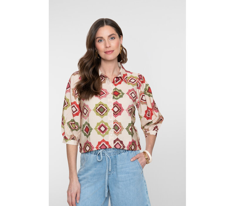 Geisha Blouse Ecru Raspberry Green