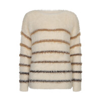 Red Button Fuzzy Sweater & Stripe Creme Brown